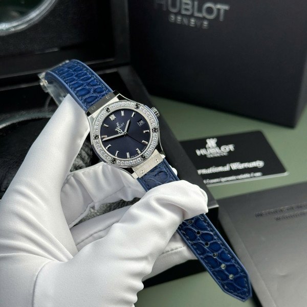 Hublot Classic Fusion Titanium Blue Dial CZ Stones Bezel Leather Strap Ladies Replica 33mm