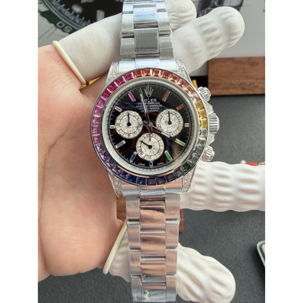Rolex Daytona 126599RBOW Black Dial Rainbow Bezel Custom Moissanite & Lab-Grown Sapphire Super Clone 40mm