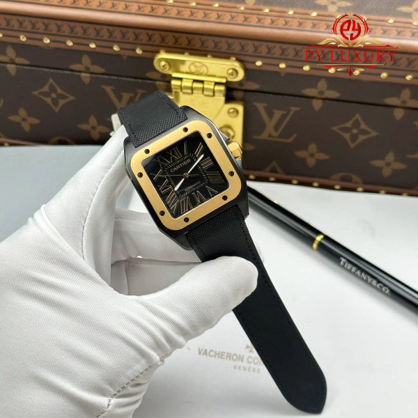 Cartier Santos 100 XL Black DLC Yellow Gold Black Leather Strap Best Replica 43 x 51mm