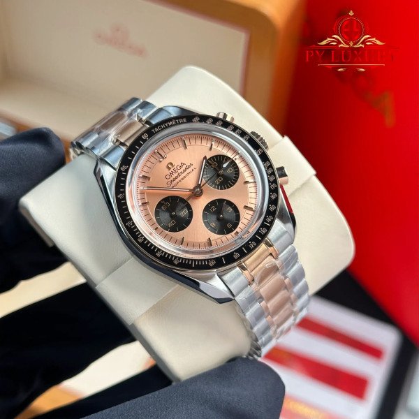 Omega Speedmaster Moonwatch Chronograph Two Tone Rose Gold Pink Dial Swiss Replica 42mm