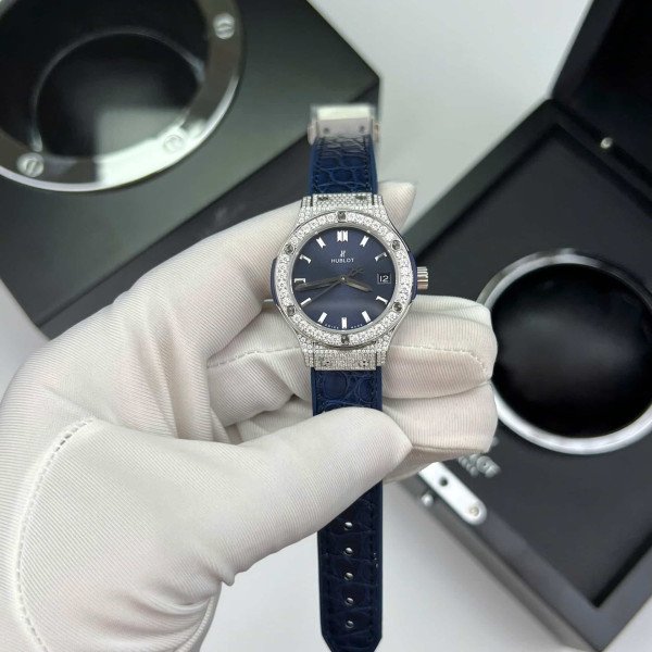 Hublot Classic Fusion Titanium Pavé Blue Dial Leather Custom Moissanite 33mm