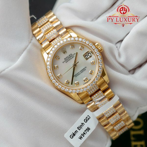 Rolex Datejust Lady 18K Yellow Gold Plated Custom Natural MOP Dial Moissanite Bezel Moissanite Bracelet 31mm
