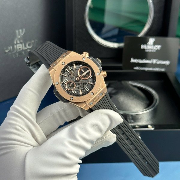 Hublot Big Bang Unico King Gold Black Dial Rubber Strap Replica BBF 42mm
