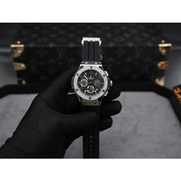 Hublot Big Bang Chronograph Steel Black Dial Custom Moissanite Bezel Replica 41mm