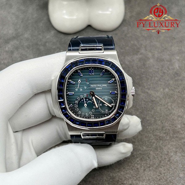 Patek Philippe Nautilus 5724G Blue Dial Custom Made Pure 18K White Gold Blue Sapphire Crocodile Leather Strap 40mm