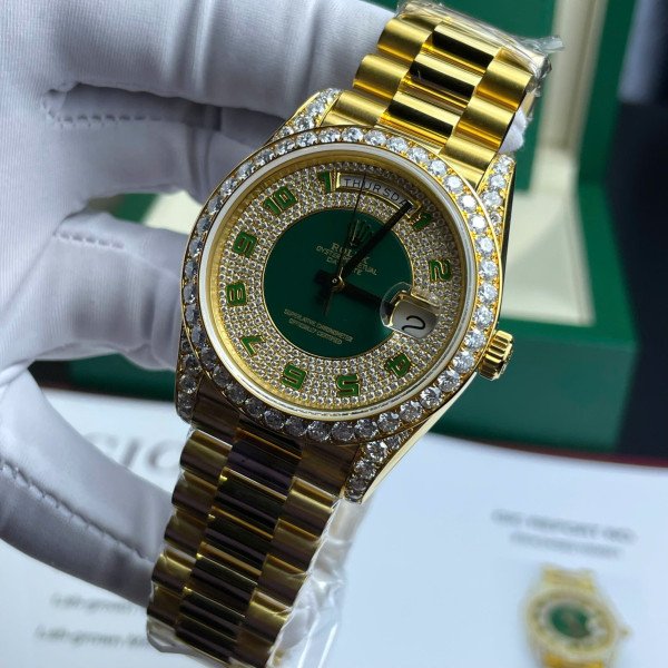 Rolex Day-Date 40 Green Diamond Paved Arabic Dial 18K Gold Wrapped Custom Moissanite Dial & Dial Best Replica 40mm