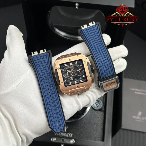 Hublot Square Bang Unico King Gold Blue Rubber Strap Best Replica BBF 42mm