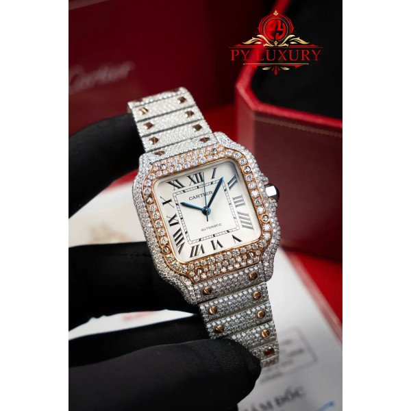 Cartier Santos Medium Model Two Tone Rose Gold Iced Out Moissanite 1:1 Best Replica 35.1mm