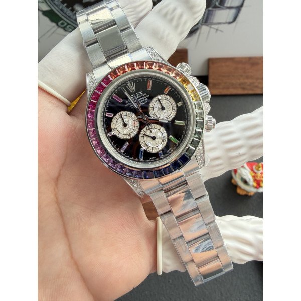 Rolex Daytona 126599RBOW Black Dial Rainbow Bezel Custom Moissanite & Lab-Grown Sapphire Super Clone 40mm