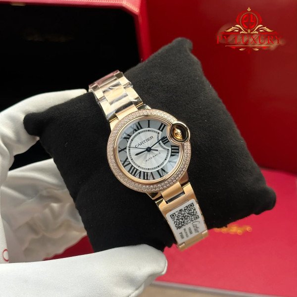 Cartier Ballon Bleu WE902034 Automatic Rose Gold Silver Dial Diamond Bezel Best Replica AF 33mm