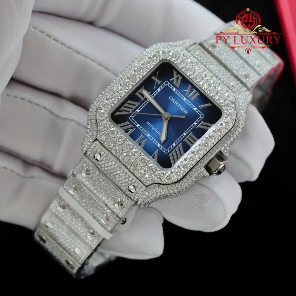 Cartier Santos Large ModelBlue Dial Iced Out Moissanite Best Replica 39.8mm