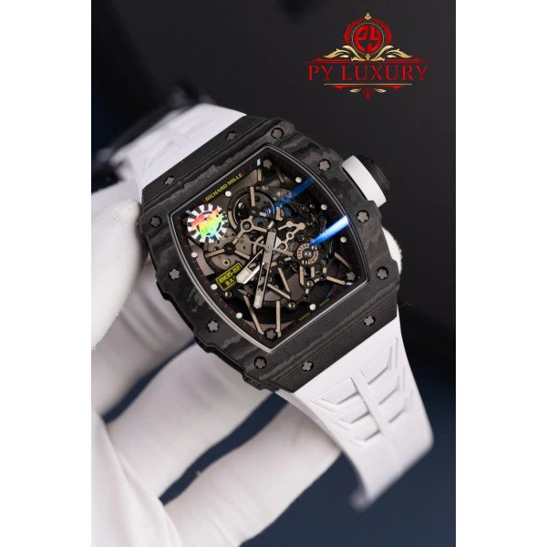Richard Mille RM35-02 Rafael Nadal Black Carbon TPT White Rubber Band Super Clone V7 ZF 49.94mm x 44.5mm