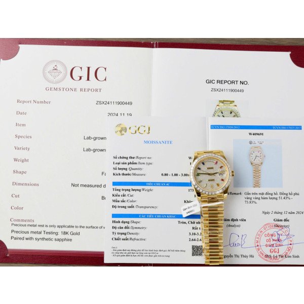 Rolex Day-Date 40 Diamond Paved Rainbow Dial 18K Yellow Gold Wrapped Baguette Moissanite Bezel Best Replica 40mm