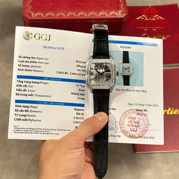 Cartier Santos De Cartier Skeleton HPI01500 Large Model Custom Baguette Moissanite Leather Strap 1:1 Best Clone 39.8mm