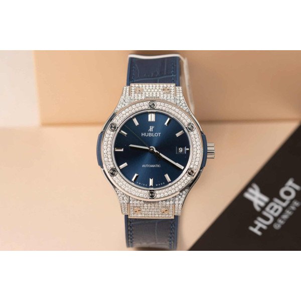 Hublot Classic Fusion Titanium Blue Dial Custom Natural Diamonds Super Clone JJF 38mm