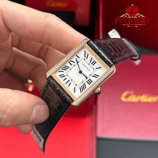 Cartier Tank Solo Large Model W5200025 Rose Gold Diamond Bezel Leather Strap Best Clone AF 34.8 x 27.4 mm