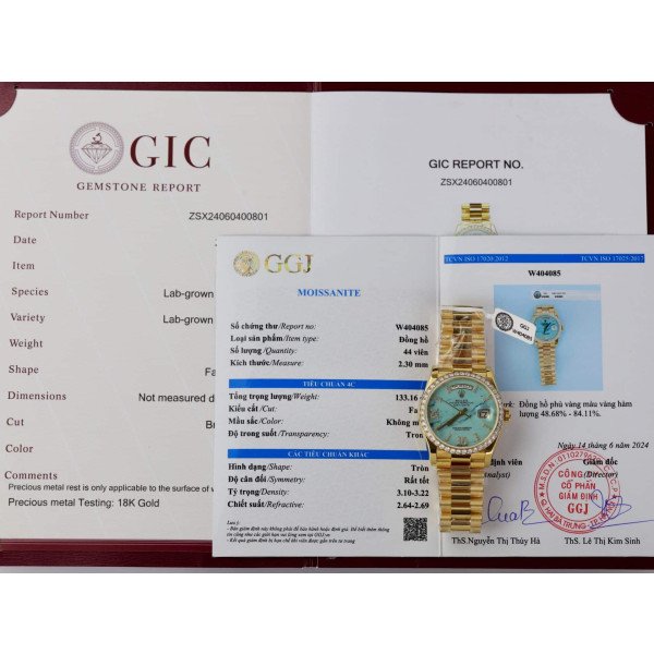 Rolex Day-Date 128348RBR-0037 Turquoise Dial 18K Yellow Gold Wrapped Moissanite Bezel 36mm