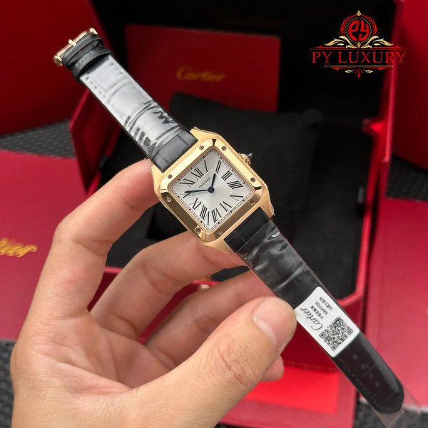 Cartier Santos Dumont Small Model Rose Gold Silver Dial Leather Strap Replica 38mm x 27.5mm