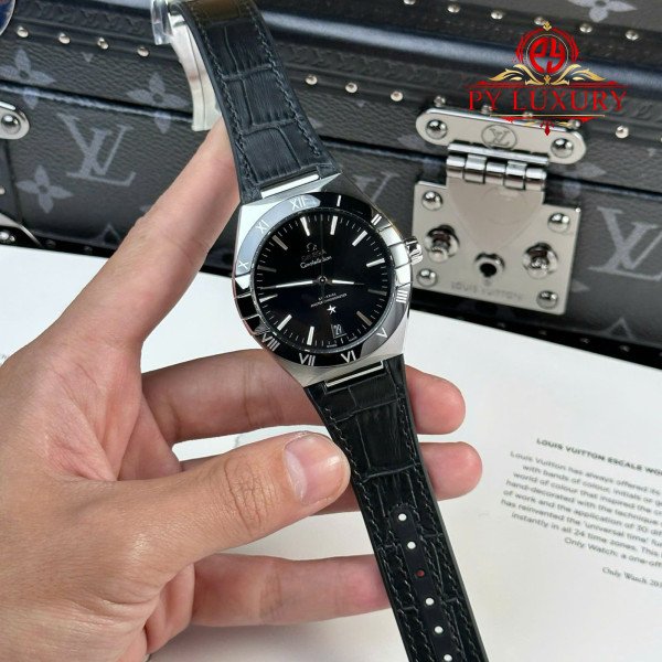 Omega Constellation Black Dial Black Ceramic Bezel Leather Strap Best Replica VSF 41mm