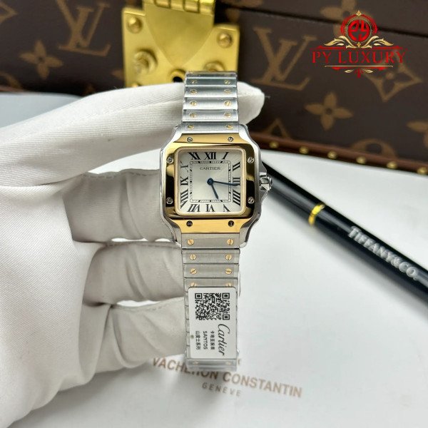 Cartier Santos W2SA0033 Two Tone Yellow Gold Mini Model Silver Dial Quartz Best Replica 27mm