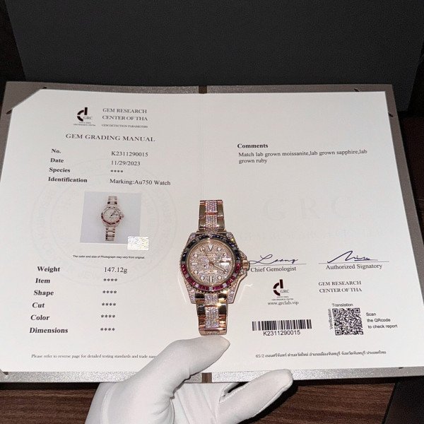 Rolex GMT-Master II 126755SARU-DIAO 18K Gold Wrapped Custom Moissanite Ruby & Sapphire Bezel 40mm