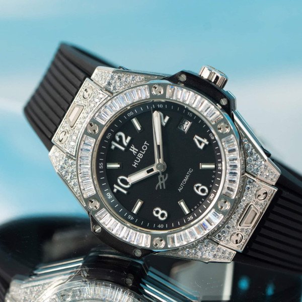 Hublot Big Bang One Click Steel Black Pavé Baguette CZ Stone Bezel Replica 39mm