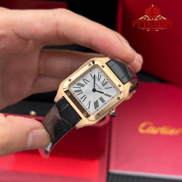 Cartier Santos Dumont Small Model Rose Gold Silver Dial Leather Strap Replica 38mm x 27.5mm