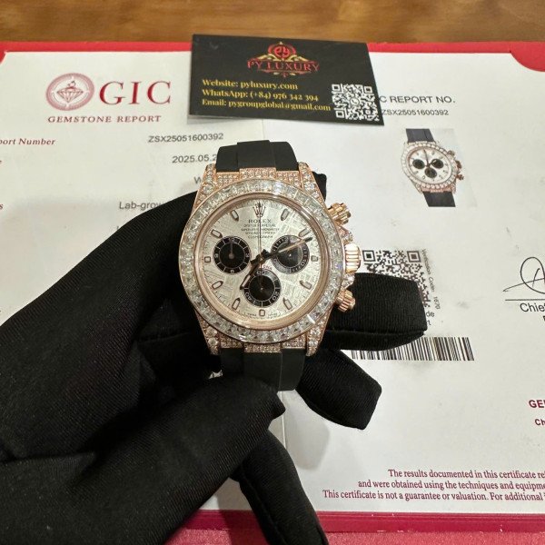 Rolex Daytona Custom Natural Meteorite Dial 18K Rose Gold Plated Baguette Moissanite Bezel Oysterflex 40mm