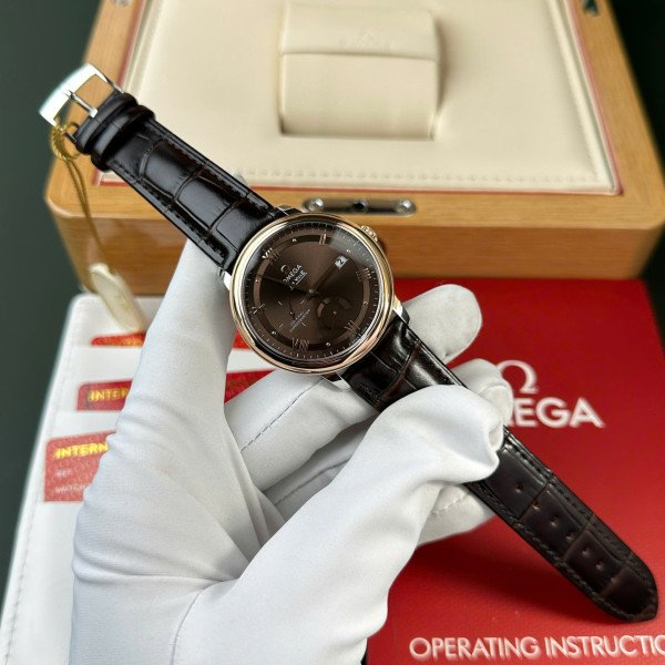 Omega De Ville Prestige Power Reserve Rose Gold Bezel Brown Dial Brown Leather Strap 1:1 Copy 39.5mm