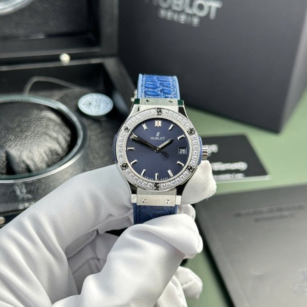 Hublot Classic Fusion Titanium Blue Dial CZ Stones Bezel Leather Strap Ladies Replica 33mm