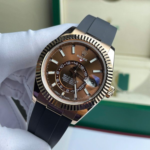 Rolex Sky-Dweller 326934 Brown Dial 18K Gold Wrapped Rubber Strap Best Replica 42mm