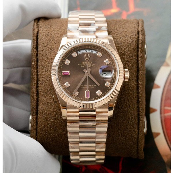 Rolex Day-Date 118235 Chocolate Diamond & Ruby Dial 18K Rose Gold Wrapped 1:1 Replica GMF 36mm