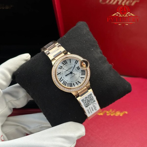 Cartier Ballon Bleu WJBB0063 Automatic Rose Gold Silver Dial Diamond Bezel Best Replica AF 33mm