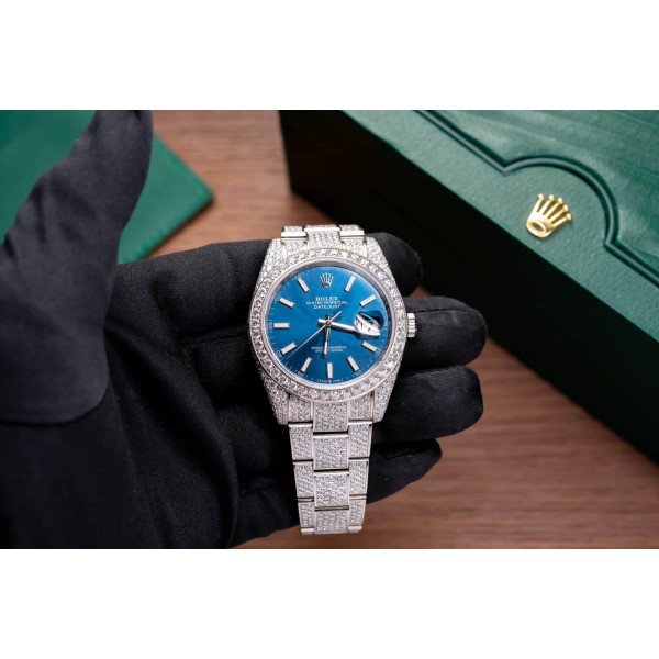 Rolex Datejust 41 Blue Dial Iced Out Moissanite Top Quality Replica 41mm