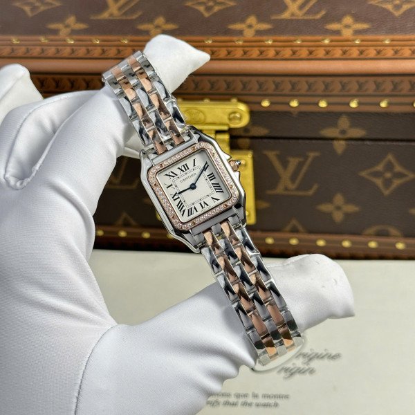 Cartier Panthère Ladies Medium Model Two Tone Rose Gold White Dial Diamond Bezel Best Replica BVF 27mm x 36mm