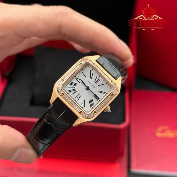 Cartier Santos Dumont Small Model Rose Gold Diamond Bezel Silver Dial Leather Strap Replica 38mm x 27.5mm