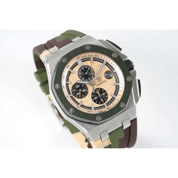 Audemars Piguet Royal Oak Offshore Chronograph 26400SO Beige Dial Green Ceramic Bezel Rubber Best Replica APF 44mm
