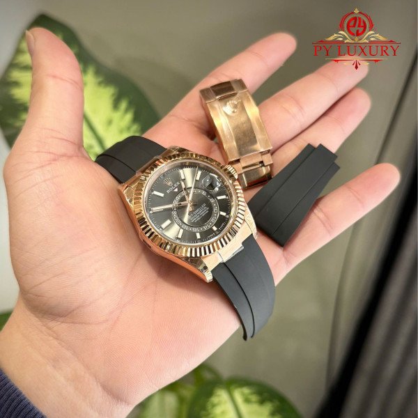 Rolex Sky-Dweller 326235 Rose Gold Slate Grey Dial Rubber Strap Replica 42mm