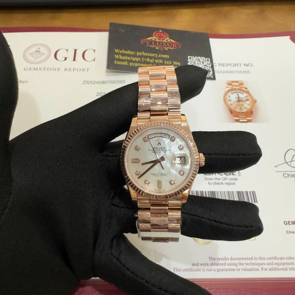 Rolex Day-Date 128235 18K Rose Gold Wrapped Custom Natural MOP Dial Moissanite Numerals Best Replica 36mm