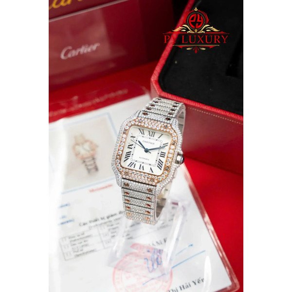Cartier Santos Medium Model Two Tone Rose Gold Iced Out Moissanite 1:1 Best Replica 35.1mm