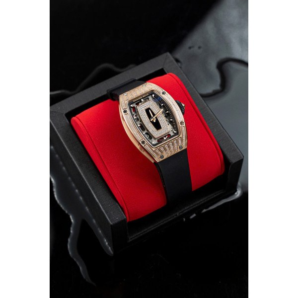 Richard Mille RM07-01 Rose Gold Diamonds Onyz Dial Rubber Strap 1:1 Super Clone ZF 45.32 x 32.3mm