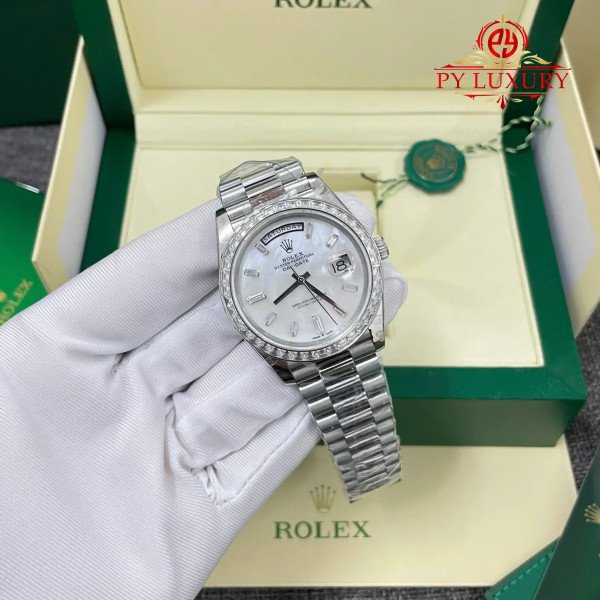 Rolex Day-Date 228396TBR Custom MOP Dial Baguette Moissanite Bezel GMF V3 Best Replica 40mm