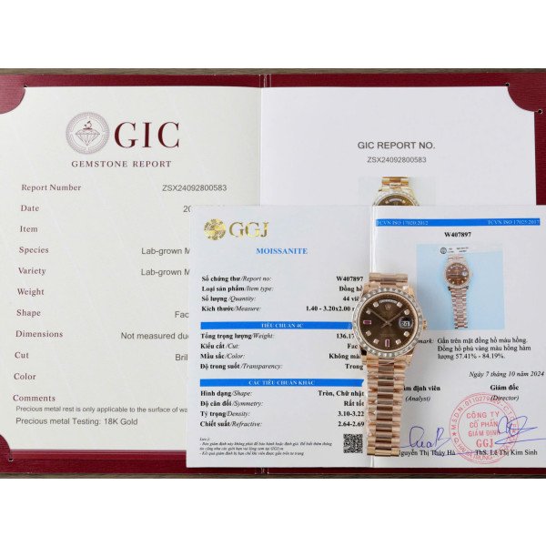 Rolex Day-Date 36 Chocolate Diamond & Ruby Dial 18K Rose Gold Wrapped Baguette Moissanite Bezel Best Replica 36mm