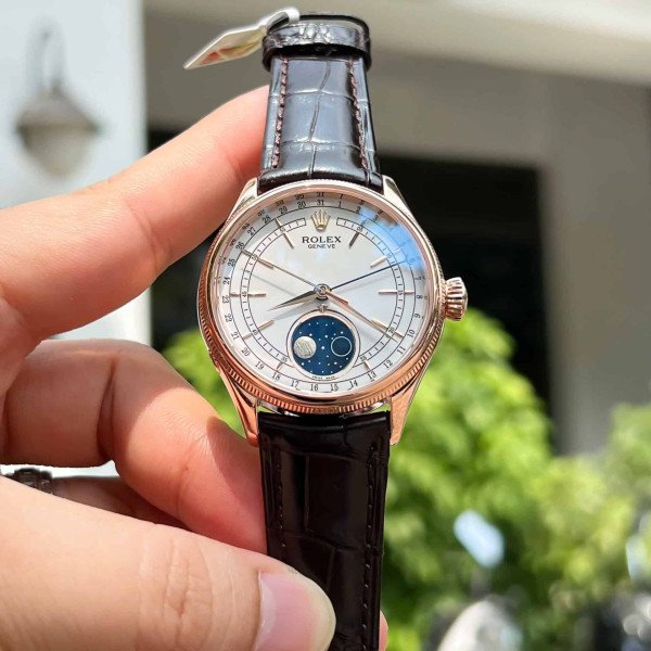 Rolex Cellini Moonphase 50535 18K Rose Gold Wrapped Leather Best Replica 39mm