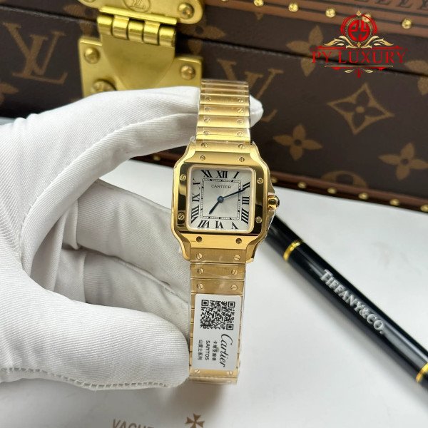 Cartier Santos WGSA0107 Yellow Gold Mini Model Silver Dial Quartz Best Replica 27mm
