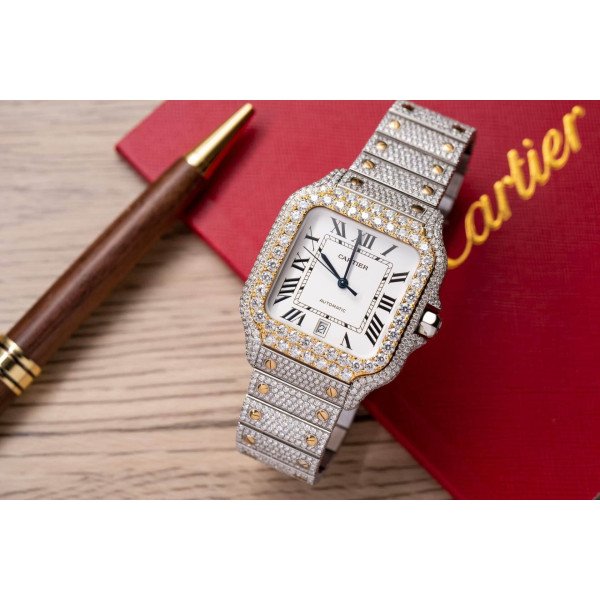 Cartier Santos White Dial Two Tone Large Model Iced Out Moissanite 39.8mm