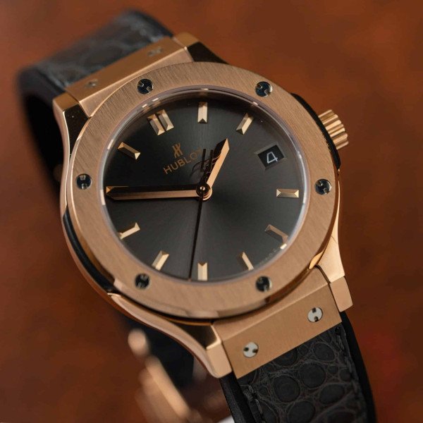 Hublot Classic Fusion King Gold Grey Dial Leather Strap Lady Watch Replica 33mm
