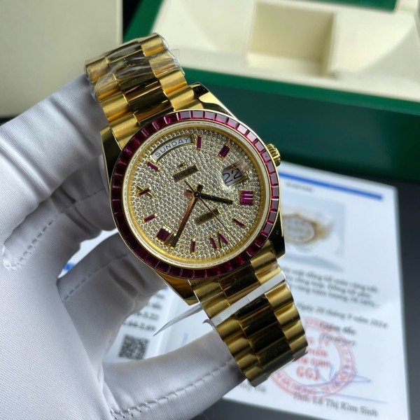 Rolex Day-Date 228398TRU 18K Yellow Gold Wrapped Custom Moissanite Dial Ruby Bezel Best Replica 40mm