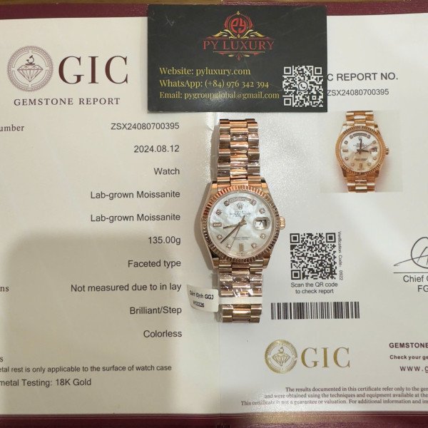 Rolex Day-Date 128235 18K Rose Gold Wrapped Custom Natural MOP Dial Moissanite Numerals Best Replica 36mm