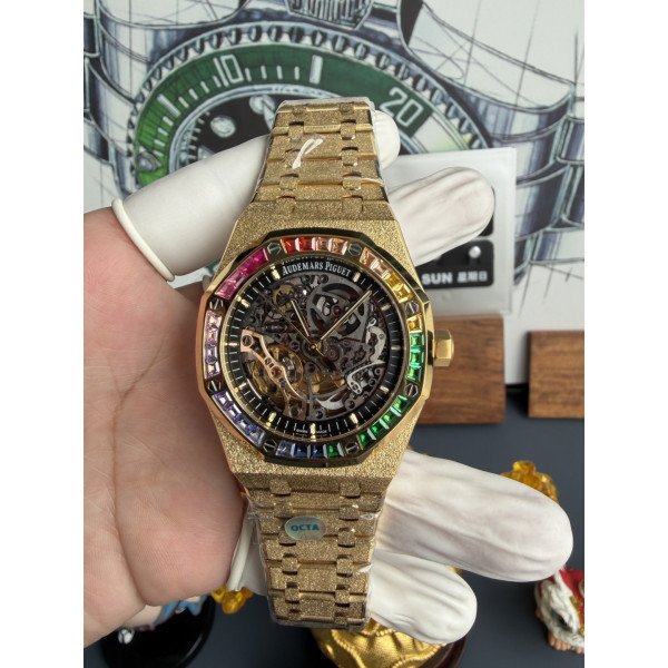 Audemars Piguet Royal Oak Openworked 15412BA Rainbow Frosted Yellow Gold Best Replica 1:1 OCTA 41mm (Free Sprung)